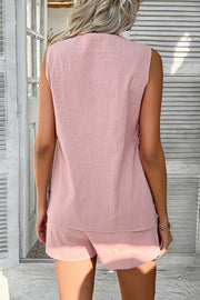 Solid Color Holiday Style V-neck Button Vest and Elastic Waist Casual Pocket Shorts Set