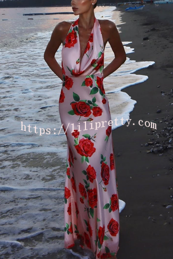 Rose Print Sexy Halter Neck Strappy Backless Slim Fit Maxi Dress