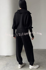 Solid Color Long-sleeved Zip-up Sweatshirt and Elastic Waist Loose Pocket Pants Set