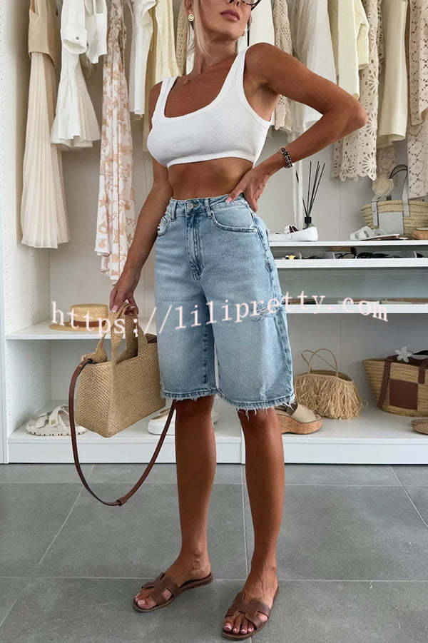 Fashion Denim Pocket Frayed Bermuda Shorts