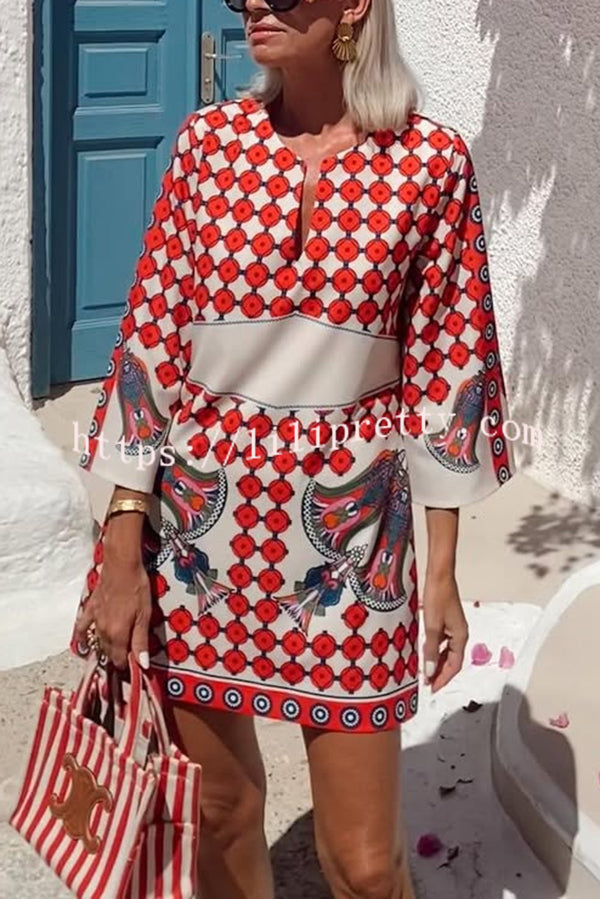 Unique Print V-Neck Loose Holiday Mini Dress