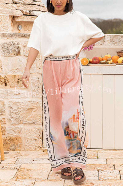 Unique Printed Elastic Waist Vacation Casual Wide Leg Pants