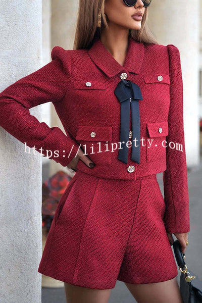 Sweet Dreams Tweed Bow Neck Button Long Sleeve Pocket Crop Jacket
