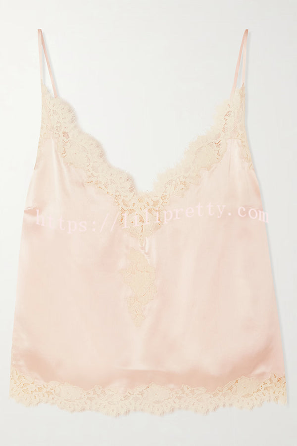 Celebration Look Contrast Color Satin Lace Trim V-Neck Slip Tank