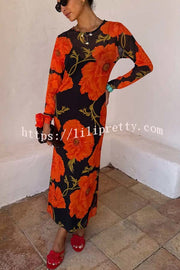 Perfect Cross-season Mesh Poppy Flower Print Long Sleeve Stretch Maxi Dress