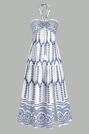 Bohemian Holiday Style Unique Print Halter Neck Tie Slit Midi Dress