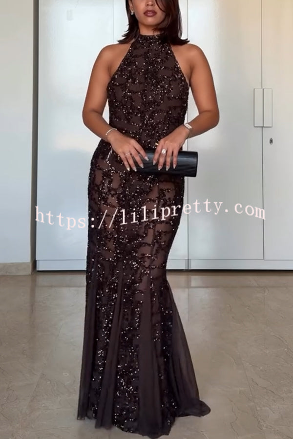 Twilight Gleam Sequin Textured Tulle Hem Halter Backless Maxi Dress