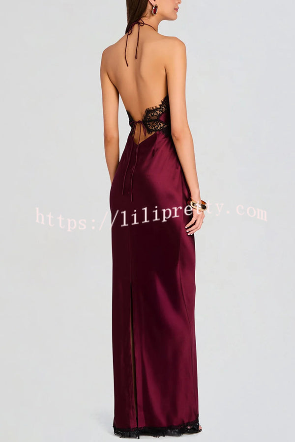 Everly Contrast Color Satin Lace Trim Halter Back Lace-up Flare Maxi Dress