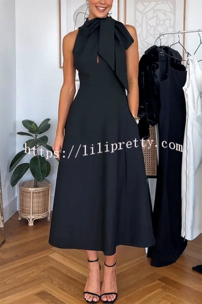 Stylish and Classic Unique Bow Tie Accent Pocketed Flare Midi Dress