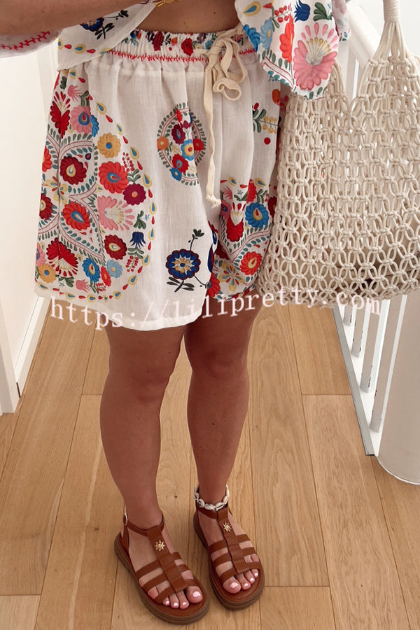 Linen Blend Floral Print Short Sleeve Loose Shirt and Elastic Waist Tie Casual Shorts Set