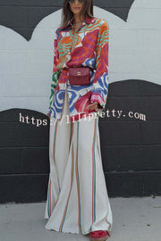 Elouise Satin Color Block Art Print Long Sleeve Button Back Elastic Waist H-line Mini Dress