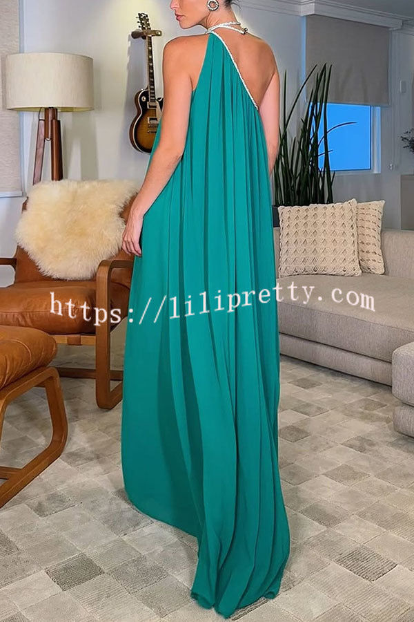 Elly One Shoulder Rhinestone Details Removable Belt A-line Maxi Dress