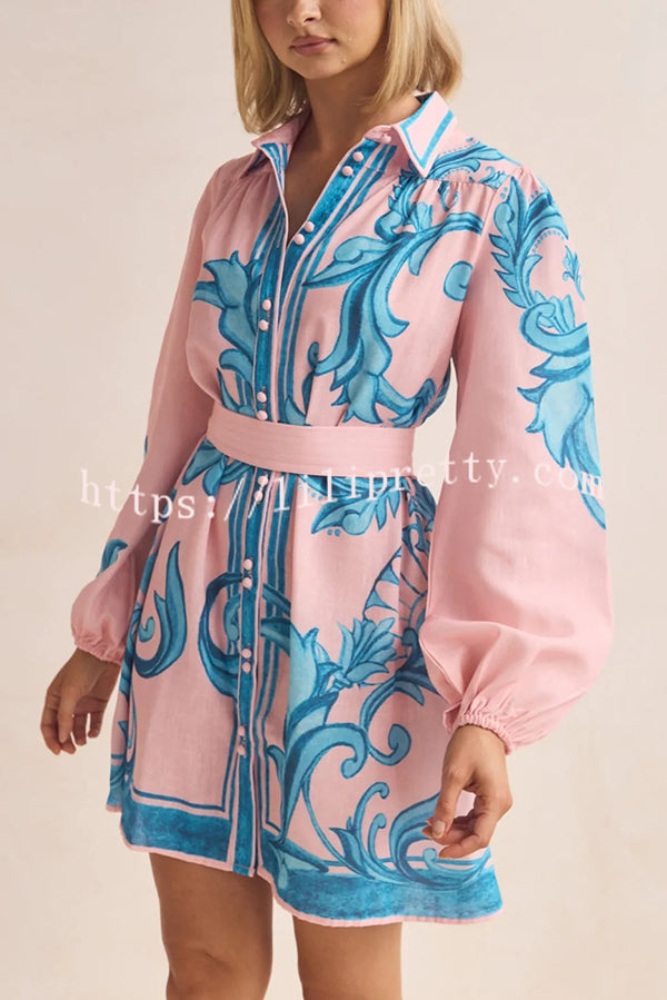 Botanical Print Lapel Puff Sleeve Vintage Belt Loose Mini Dress