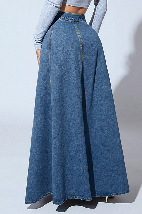 Fashion Metal Single-Breasted Casual Denim Maxi Skirt