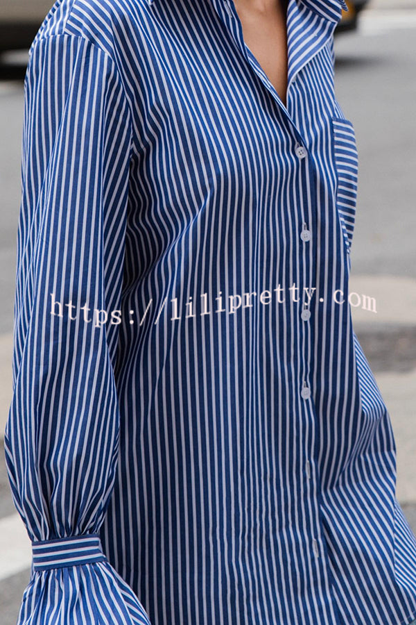 Striped Print Ruffled Long Sleeve Pockets Loose Shirt