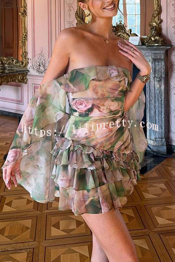 Chiffon Floral Print Elegant Multi-Layered Ruffle Mini Dress