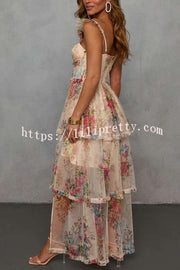 Romantic and Elegant Mesh Floral Back Smocked Tiered Ruffle Maxi Dress