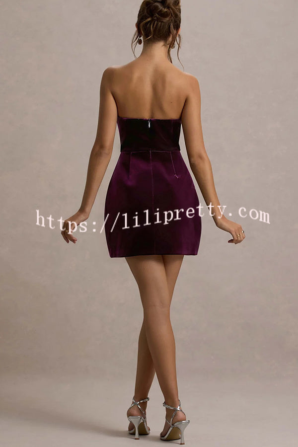 Effortlessly Elegant Velvet Jewel Embellished Trim Bandeau Mini Dress