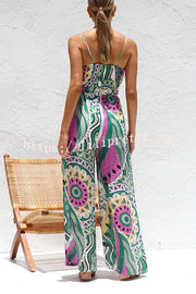 Unique Printed Suspender Back Pleated Pocket Wide-leg Jumpsuit