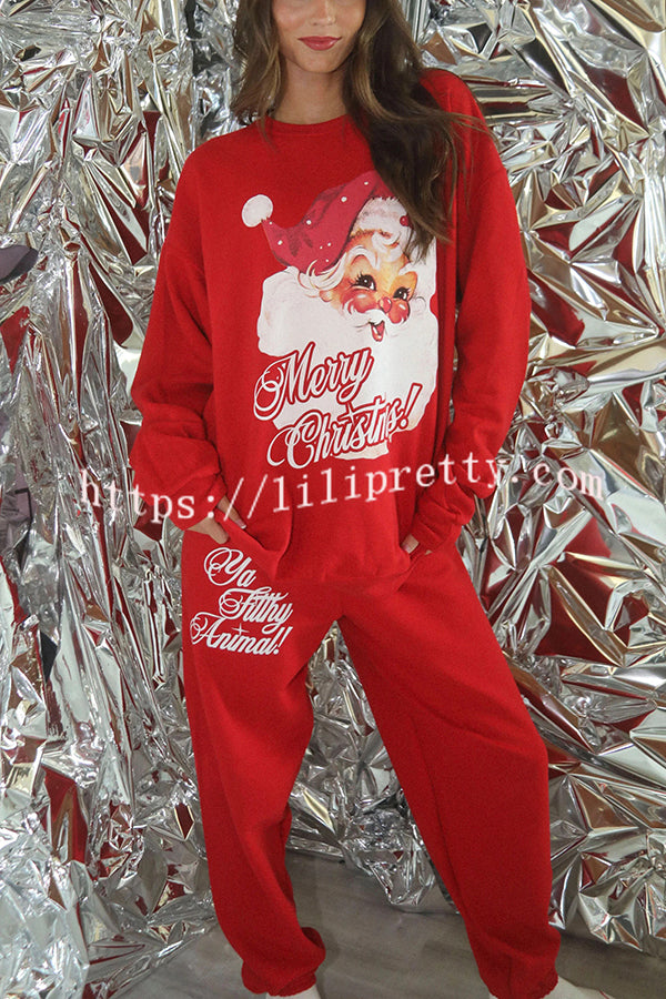 Christmas Santa Print Loose Round Neck Sweatshirt and Elastic Waist Casual Pants Set