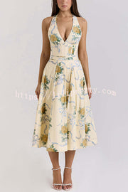 Resort Star Floral Print Waist Halterneck Tie Pocket Midi Dress