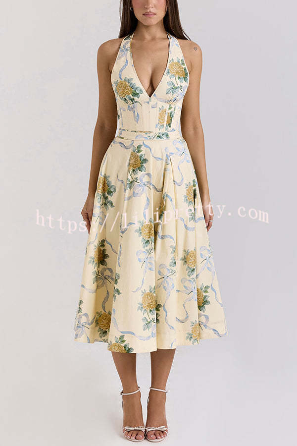 Resort Star Floral Print Waist Halterneck Tie Pocket Midi Dress
