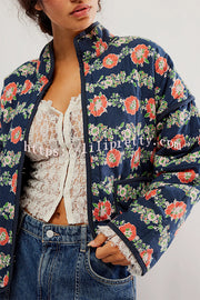 Floral Print Pocket Contrast Concealed Button Cotton Coat