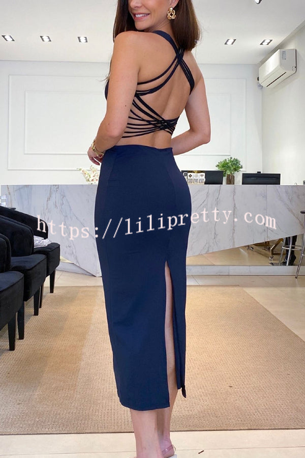 Lilipretty Stunning Design Back Lace-up Slit Stretch Party Midi Dress