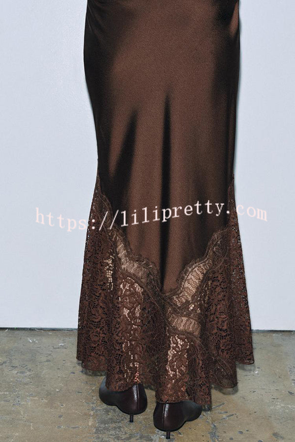 Cozy Sweet Darling Satin Lace Patchwork Mid Rise Slit Maxi Skirt