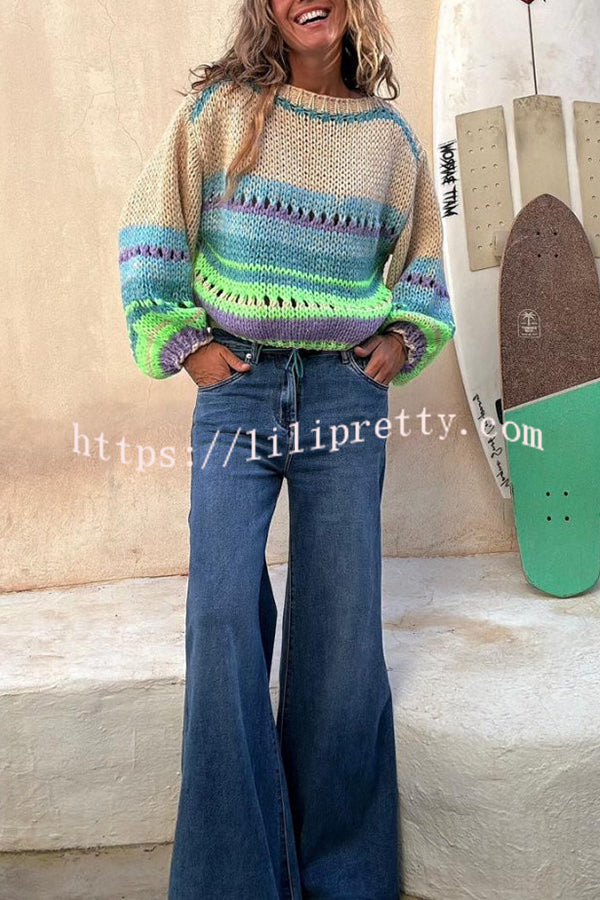 Rainbow Mood Multicolor Round Neck Hollow Long Sleeve Knitted Sweater