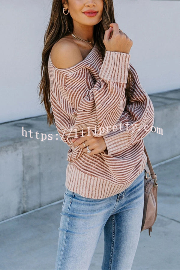 Knitted Striped Round Neck Dolman Sleeve Casual Loose Sweater