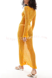 Sunny Beachside Crochet Knit Hollow Out Long Sleeve Cover-up Maxi Dress