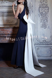 Statement Chic Racer Neck Back Oversized Bow Hem Backless Maxi Dress