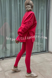 Solid Color Loose Long Sleeve SlitSweatshirt and Elastic Waist Tight Pants Set