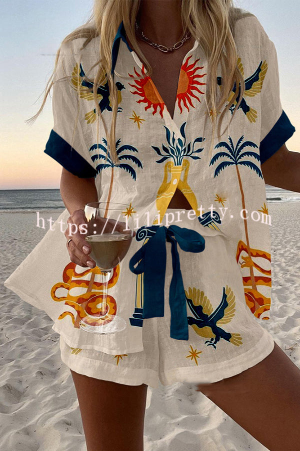 Holiday Print Loose Button Elastic Waist Shorts Set