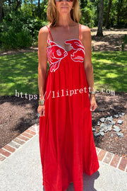 Red Fish Embroidered Sling Backless Maxi Dress