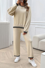 Home Casual Contrasting Color Knitted Sweater and Elastic Waist Loose Pants Set