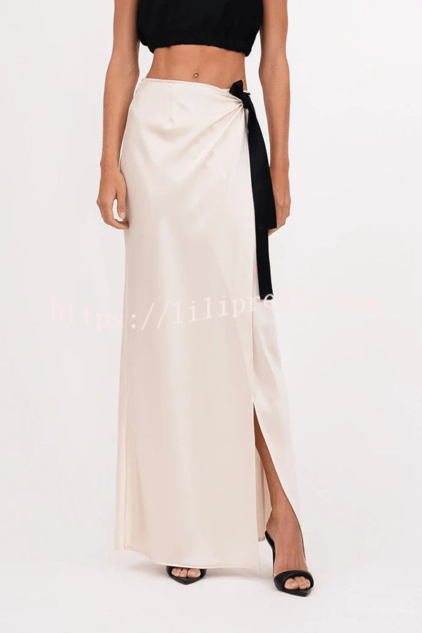 Black and White Classic Satin High Neck Crop Top and Wrap Tie-up Slit Maxi Skirt Set