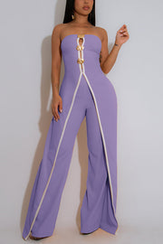 Fashionable Contrast Color Off-shoulder Metal Decoration Casual Elegant Jumpsuit