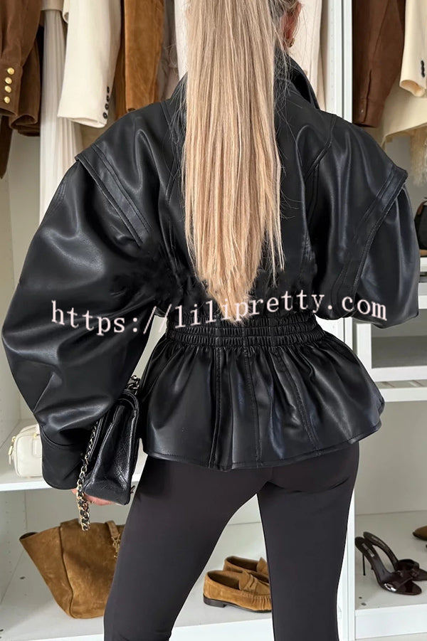 Play It Cool Faux Leather Single Button Elastic Waist Lapel Moto Jacket