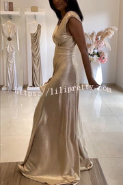 Roisin Metallic Fabric Ruched Shoulder V-neck Wide Leg Drape Jumpsuit