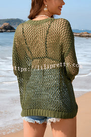 Solid Color Round Neck Long Sleeve Heart Knitted Beach Cover Up