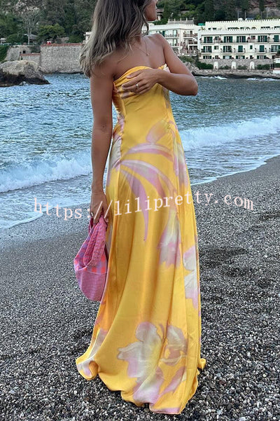 Catalina Island Satin Floral Print Twist Bust Halter Maxi Dress