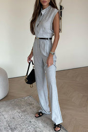 Stylish Sleeveless Button-down Top and Pocket Straight-leg Pants Set