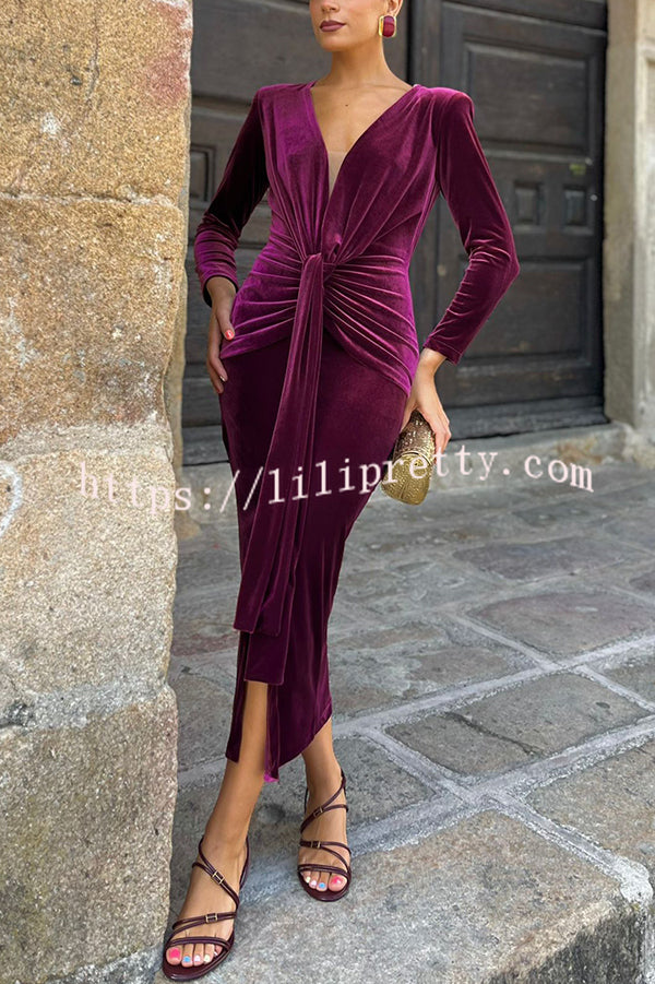 Elisabeth Luxurious Velvet Padded Shoulders Long Sleeve Twist Waist Drape Midi Dress