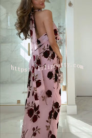 Rose Secret Printed Cowl Neck Halter Backless Maxi Dress