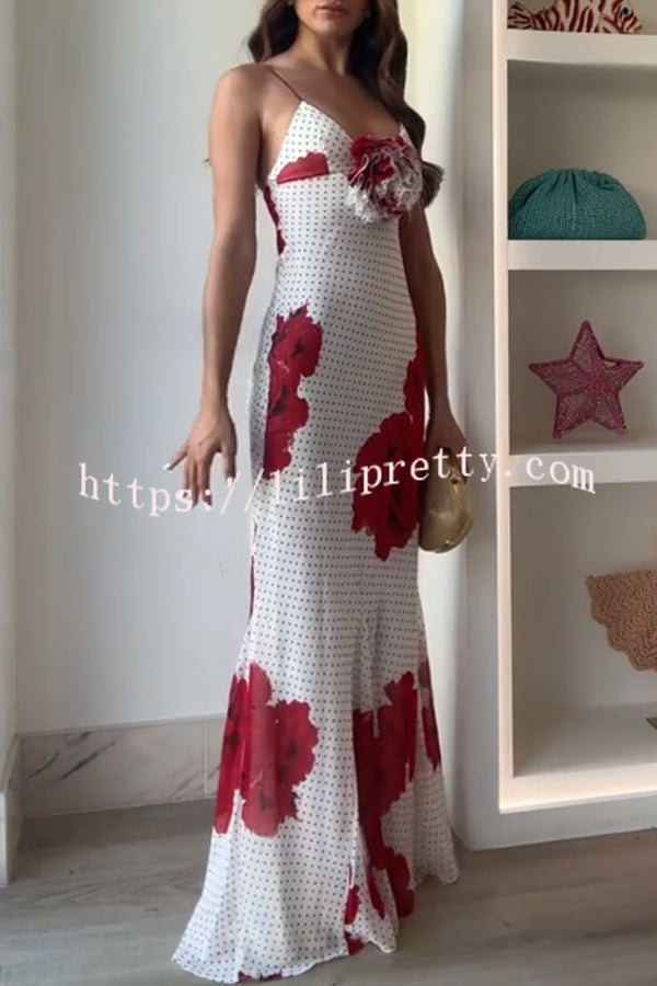 Vanna Poka Dot Floral Print 3D Flower Detail Slip Maxi Dress