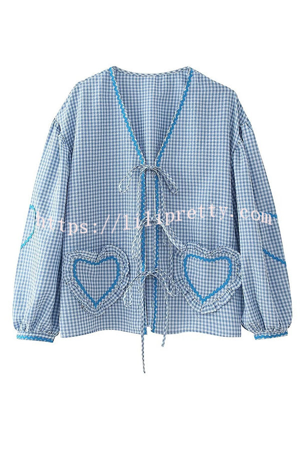 Lovely Plaid Heart Pattern Casual Lace-up Pocket Loose Shirt