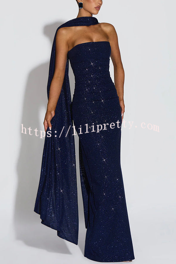 Pandra Glittery Crepe Fabric Off Shoulder Ruched Slit Cape Maxi Dress