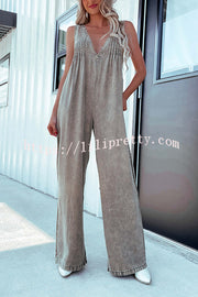 Solid Color Sexy V-neck Open Back Pleated Loose Denim Jumpsuit